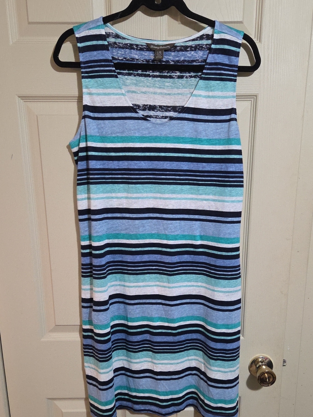 Tommy Bahama Blue, Teal & White Striped Linen Midi Dress